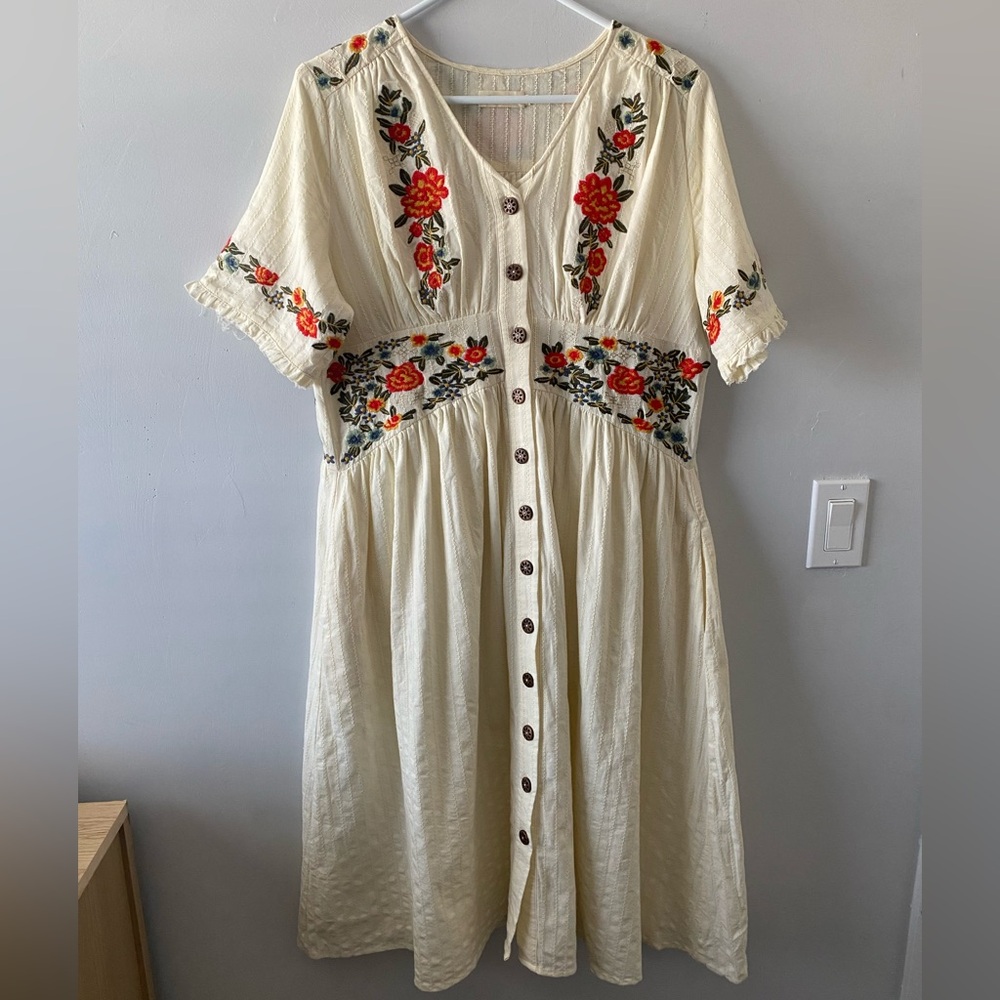 Roolee 100% Cotton Embroidered Button Down Midi Dress Size XXL